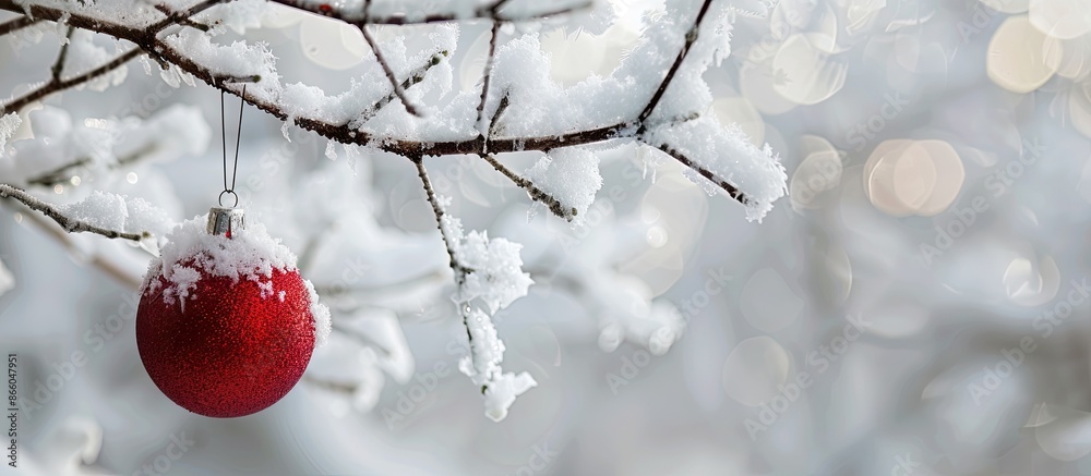 Poster a red new year ball hangs on a snow-covered branch among christmas toys, creating a festive composit