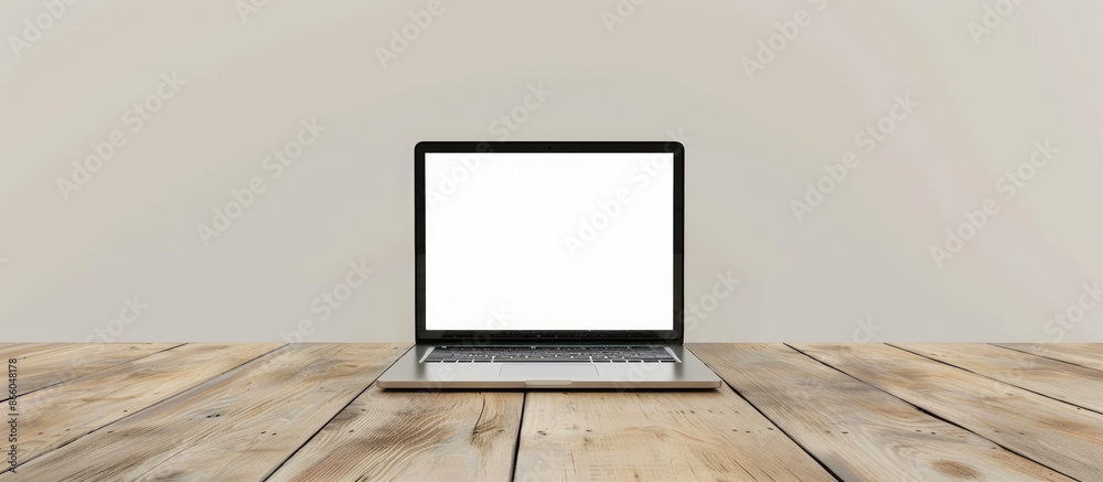 Aufkleber a laptop mockup with a blank white screen is displayed against a simple grey backdrop on a wooden ta
