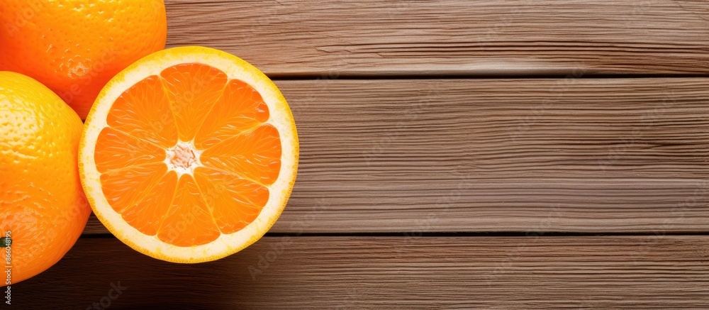 Aufkleber half a cut orange fruit on a wooden surface with a top view flat lay style featuring a copy space im