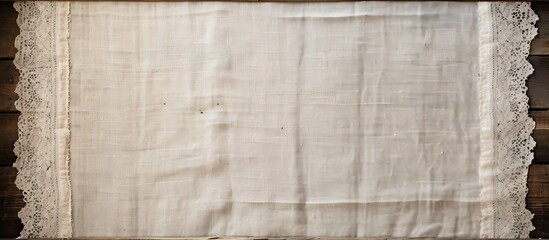 Fototapeta premium Vintage linen fabric frame on wooden backdrop with copy space image