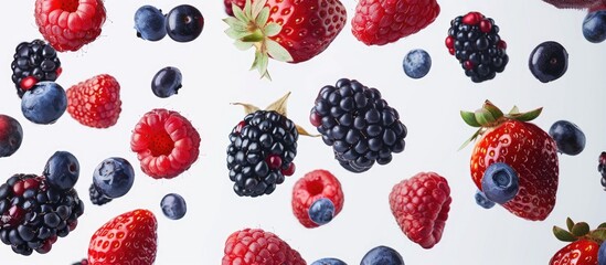 Flying fresh mix of berries featuring red raspberries, strawberries, blackberries, and blueberries isolated on a white background.