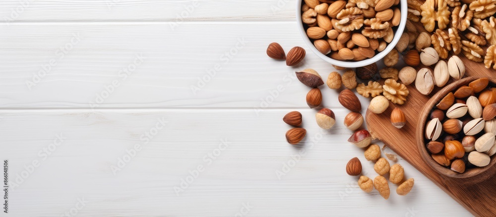 Leinwandbilder top view of a wooden bowl with assorted nuts on a white table, creating a healthy snack with walnuts