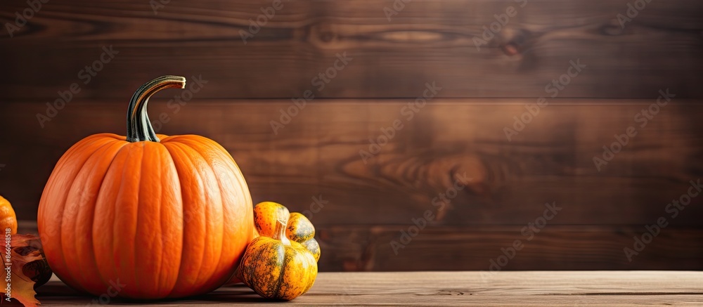 Poster close-up of a halloween pumpkin with copy space on a rustic wooden surface, conveying a thanksgiving