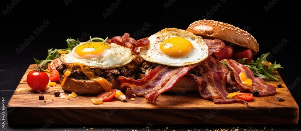 Poster wooden chopping board with cheese bacon burgers and eggs inside, displaying various spice flavors in