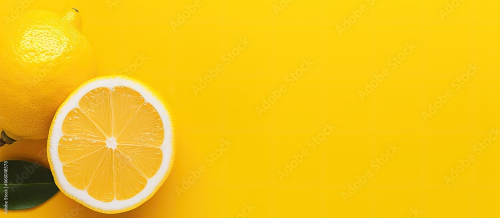 Poster A lemon fruit on a yellow background in a flat lay, top view with ample copy space for customization.