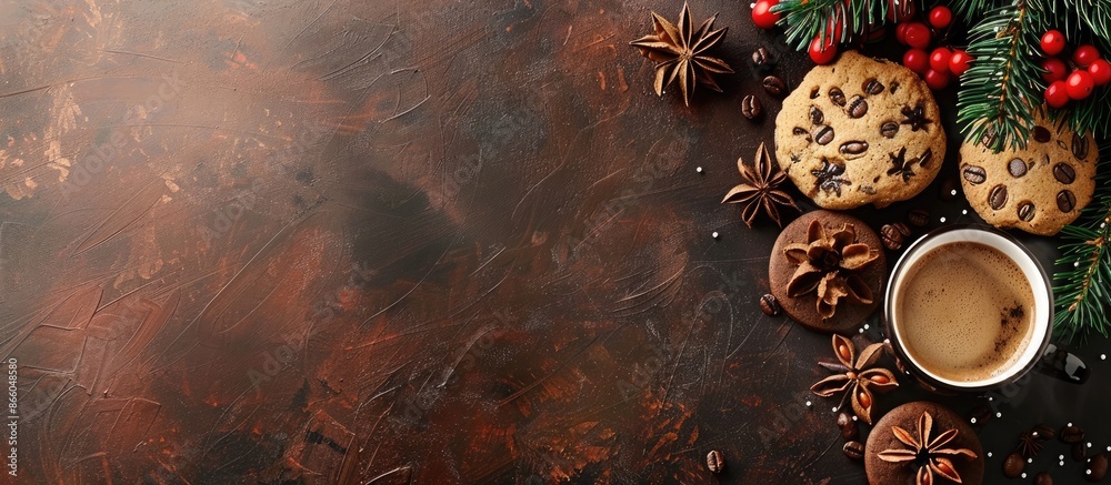 Poster fragrant hot coffee and chocolate cookies for santa claus. a drink for the holiday and a cozy christ