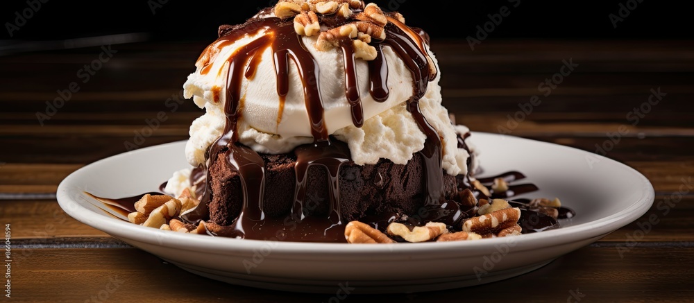 Aufkleber brownie sundae topped with vanilla ice cream, chocolate sauce, whipped cream, and nuts with room for