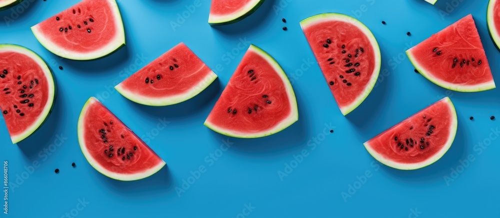 Fototapete red watermelon slices on a blue backdrop, embodying a summer theme in a flat lay composition with a 