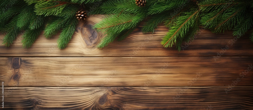 Poster a christmas fir tree displayed on a wooden board with copy space image.
