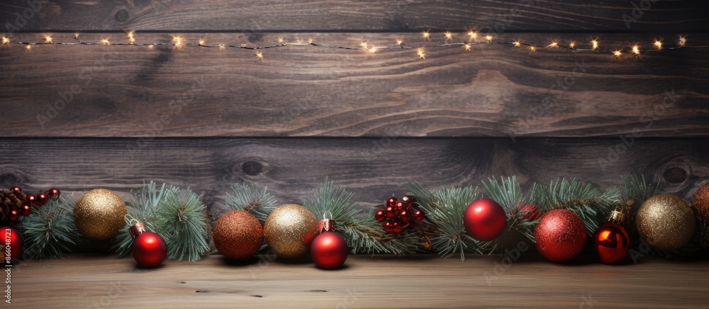 Aufkleber festive christmas backdrop featuring garland, snow, and decorations on a wooden table with a christm
