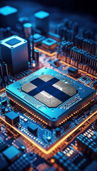 The Finland flag embedded on a powerful CPU, symbolizing leadership in technological innovation and digital advancement