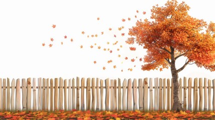 Autumn Leaves Falling by Wooden Fence and Maple Tree