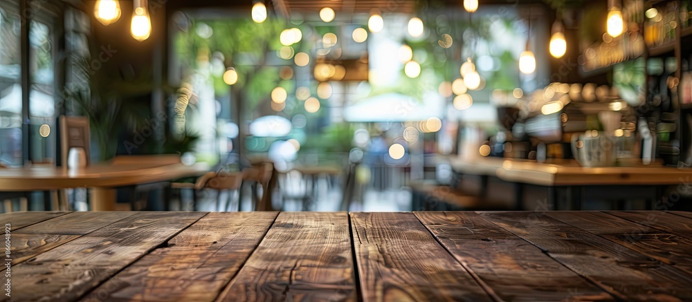 Aufkleber A focused empty brown wooden table with a blurred Coffee shop background featuring bokeh is ideal for showcasing products in a copy space image.