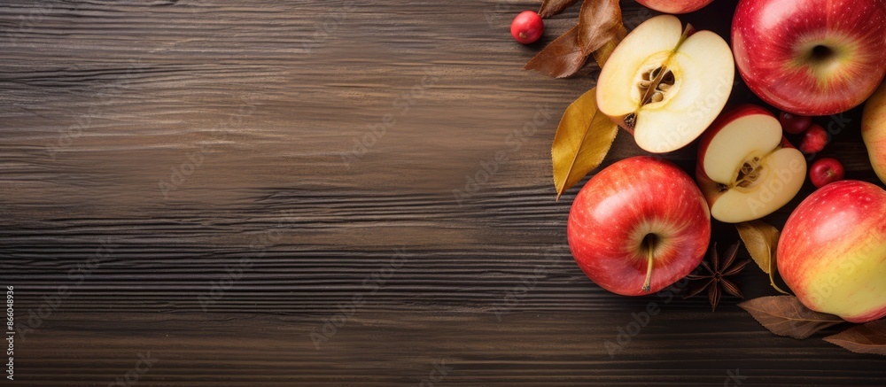 Poster top view copy space image of organic apples and a fermented fruit drink like apple cider vinegar, pr