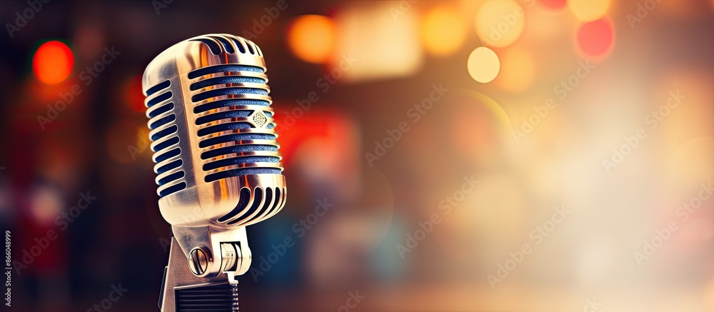 Poster vintage microphone against a vibrant blurred background with copy space image.