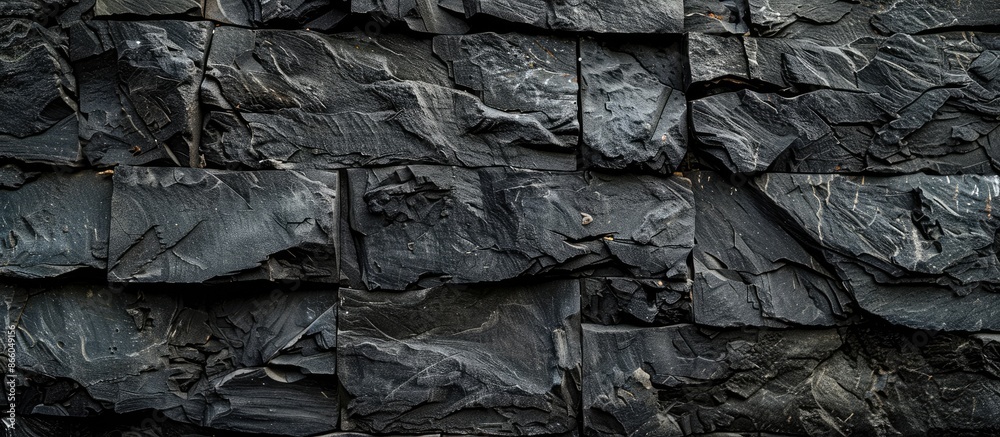 Poster a textured black stone wall with weathered and natural surfaces, ideal for a design background with 