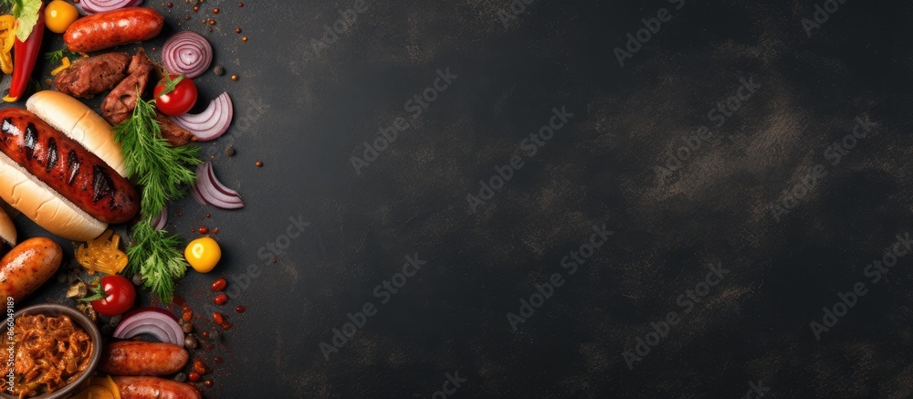 Poster top view of a summer bbq-themed corner border featuring hot dogs and hamburgers on a dark slate back