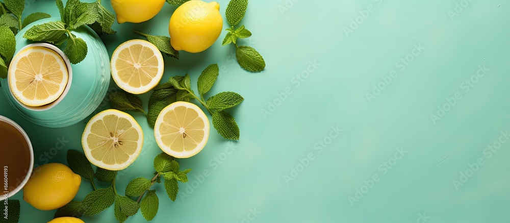 Poster top-down view showcasing a delightful tea arrangement with fresh lemon and mint, complete with a tea