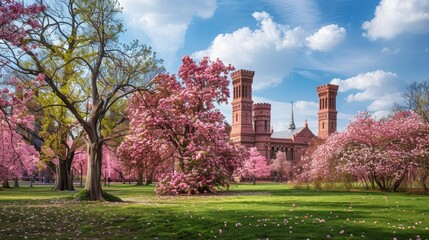 Blossoming pink saucer magnolia trees adorn the grounds of the iconic Smithsonian Castle, creating a vibrant spectacle.
