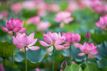 Fototapeta premium A field of pink flowers with green leaves, generative ai image.
