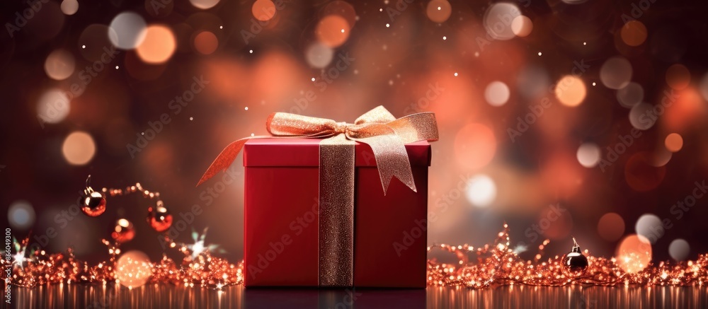 Aufkleber a christmas gift box surrounded by conifer branches and glowing lights against a red backdrop with a