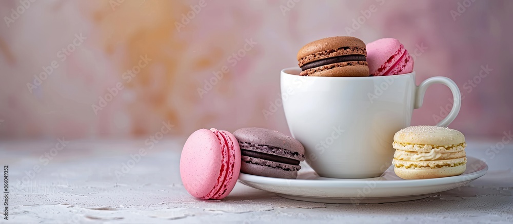 Poster Colorful macarons and a happy cup on a light background create a romantic scene with copy space. Ideal for a sweet coffee break, symbolizing love and relationships.