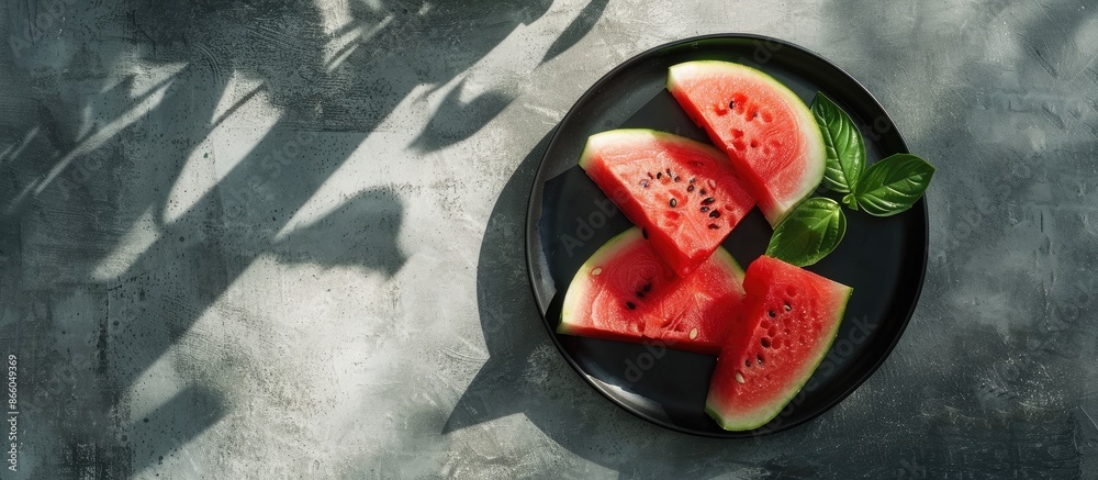 Aufkleber a black plate holds watermelon slices on a concrete backdrop with sunlight shadows, providing copy s