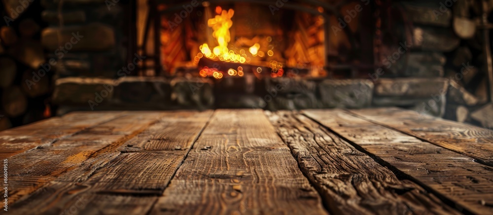 Aufkleber Old wooden table and fireplace with warm fire on the background. with copy space image. Place for adding text or design