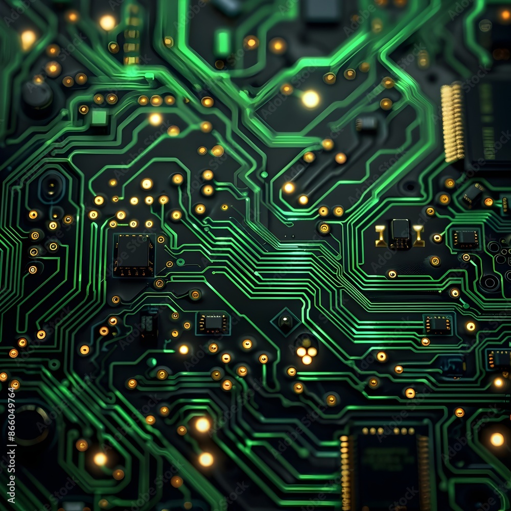 Poster high tech circuit board pattern in green and black with copy space for electronics concept