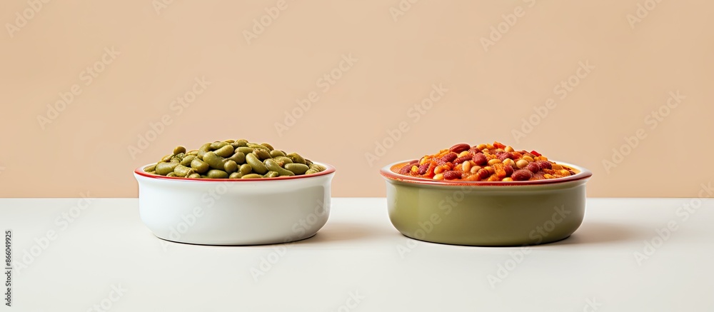 Aufkleber bowls containing red and white beans along with green and red lentils, set against a plain backgroun