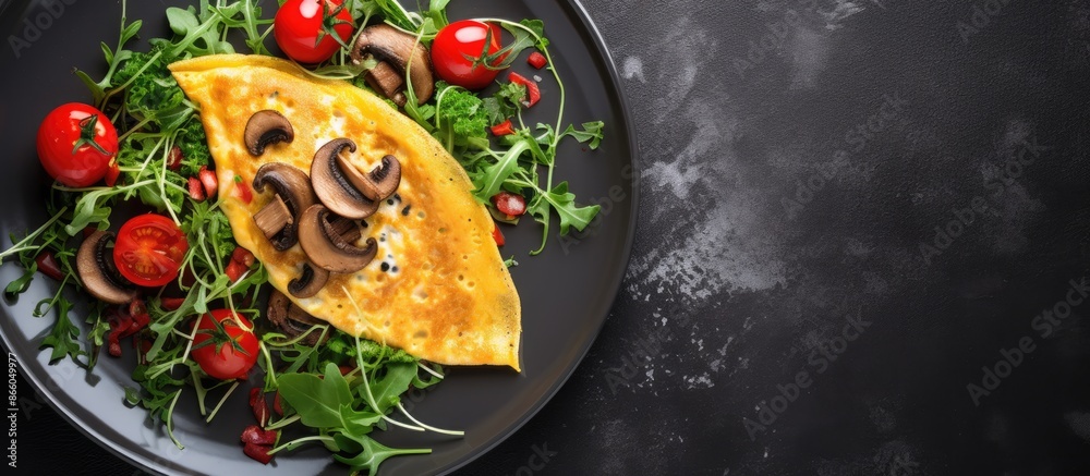 Poster An appetizing mushroom omelette with salad beautifully arranged on a plate against a dark concrete background with ample copy space. Promoting a healthy food concept. Top view display.