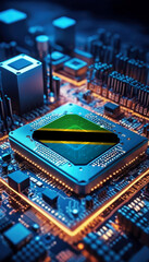 Obraz premium The Tanzania flag embedded on a powerful CPU, symbolizing leadership in technological innovation and digital advancement