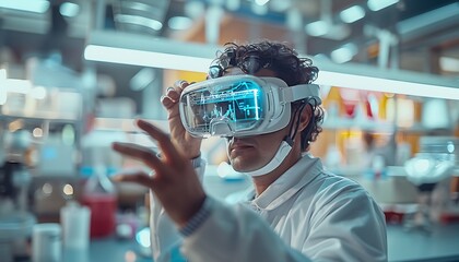 Experiencing virtual reality. Side view of young male scientist wearing virtual reality goggles while working in laboratory