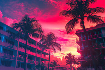 A tropical beach scene with a pink and purple sky and palm trees, generative ai image.
