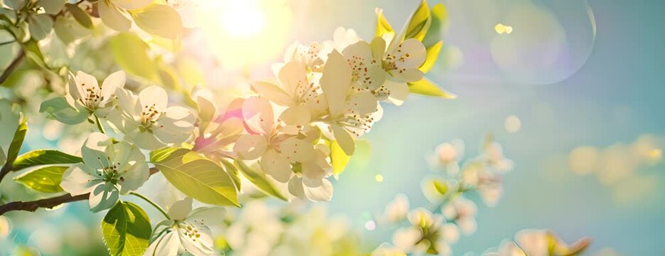 Blossoming tree branch on blue sky background. Spring equinox concept. 4K Video