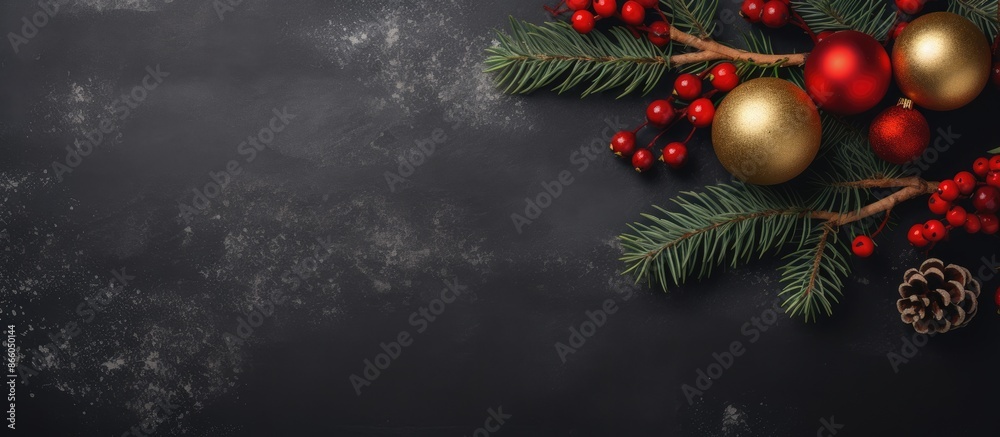 Poster Top view Christmas-themed image with spruce branches, red berries, red and gold decorations, and a blank space for adding text or graphics. with copy space image. Place for adding text or design