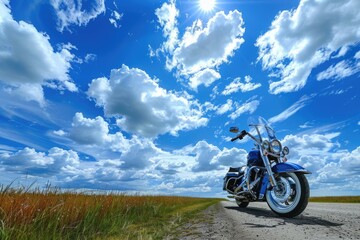 Obraz premium Motorcycle Blue Sky. Journey through Summer Countryside on Blue Motorbike