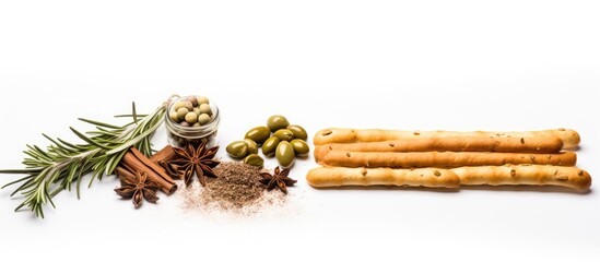 Fresh rosemary, pickled olives, and Grissini bread sticks on a white backdrop with copy space image.