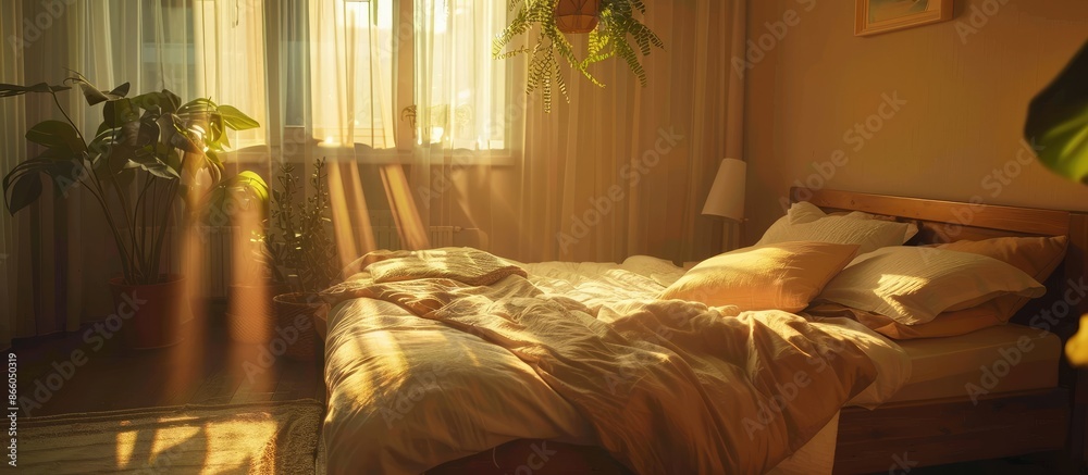 Poster Cozy bedroom with a huge bed and pillows. with copy space image. Place for adding text or design