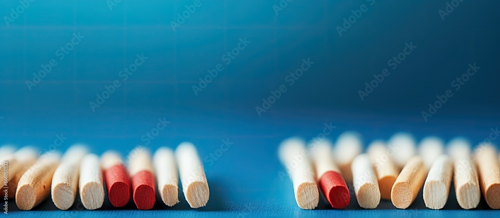 Poster Close-up view of various new matchsticks on a blue background with copy space image.
