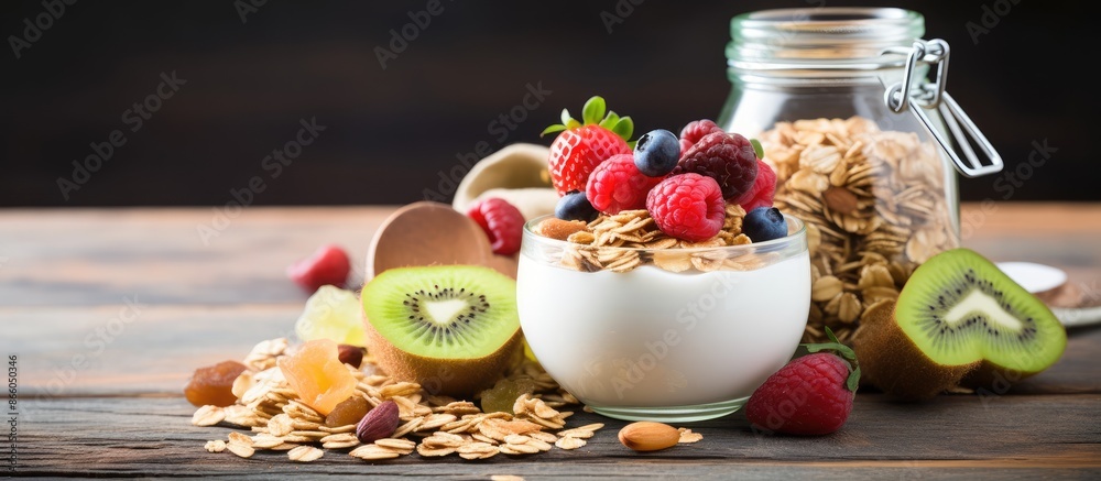 Poster balanced breakfast concept featuring homemade granola muesli ingredients on a table with a copy spac