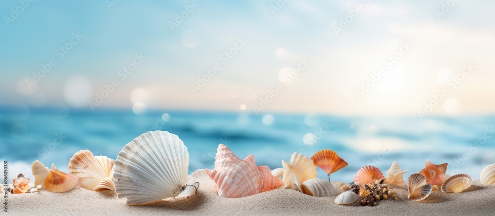 Aufkleber Summer beach background with sea shells and butterfly on sand, creating a picturesque scene with copy space image.