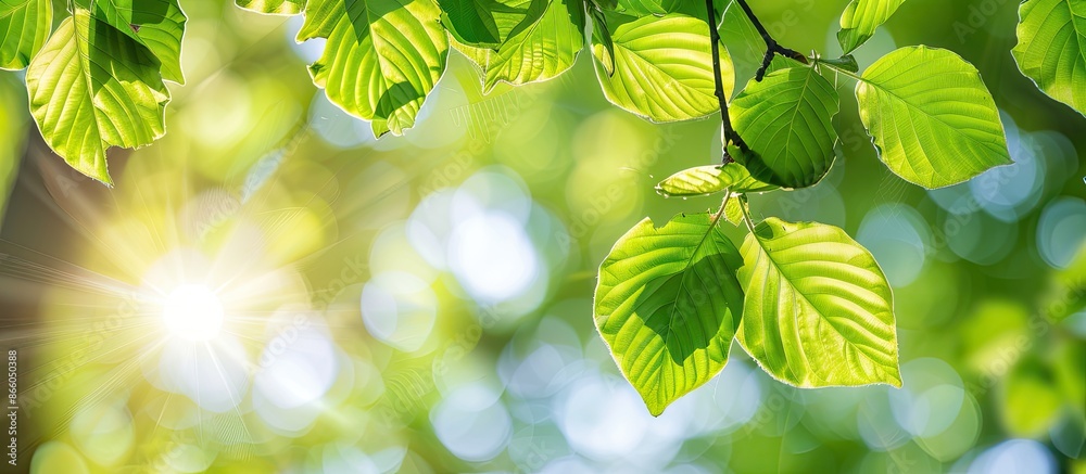 Aufkleber a spring-themed banner showcasing vibrant green leaves and branches on a sunny day, perfect for desi