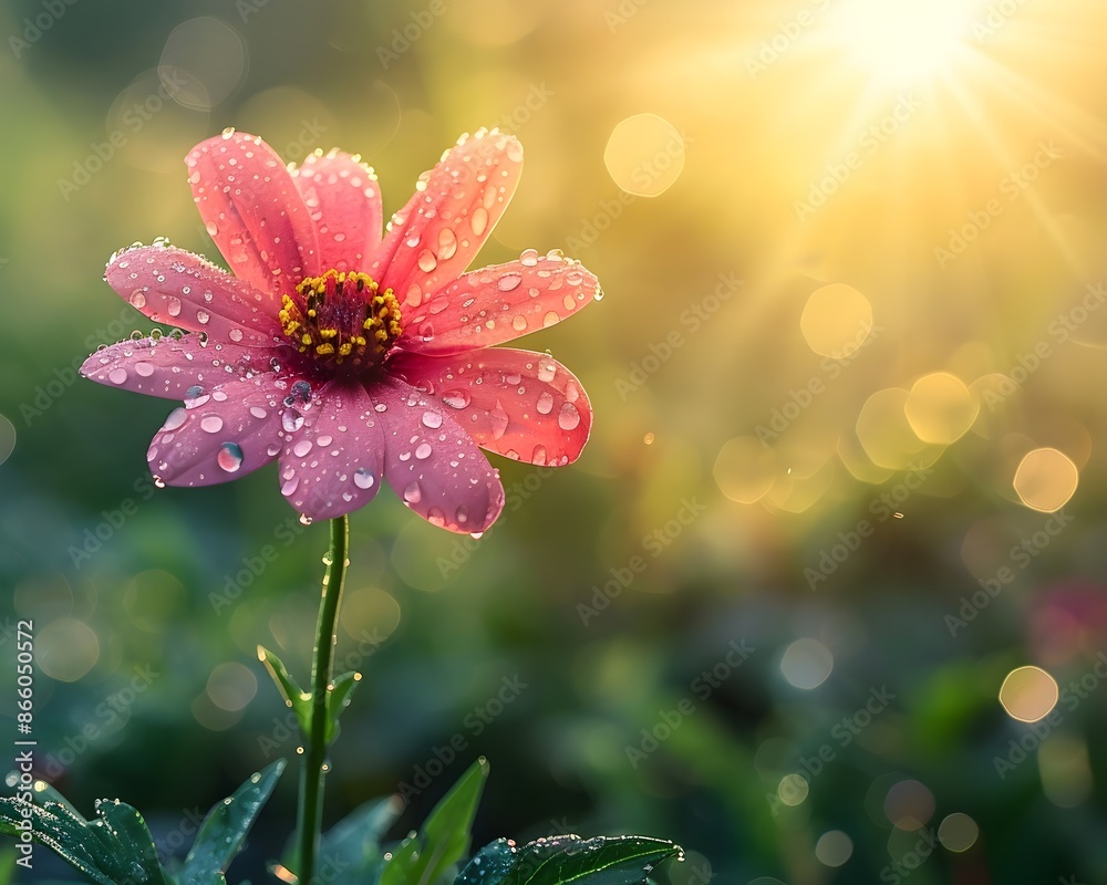 Canvas Prints Dewy Pink Flower Blooming in Sunlit Meadow Symbol of New Beginnings