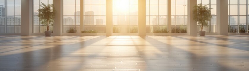 Fototapeta premium Sunlit spacious modern interior with large windows casting long shadows, creating a warm and inviting atmosphere.
