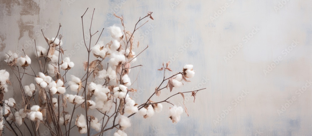 Poster dried branches adorned with cotton flowers against a white brick wall creating a blurry floral backg
