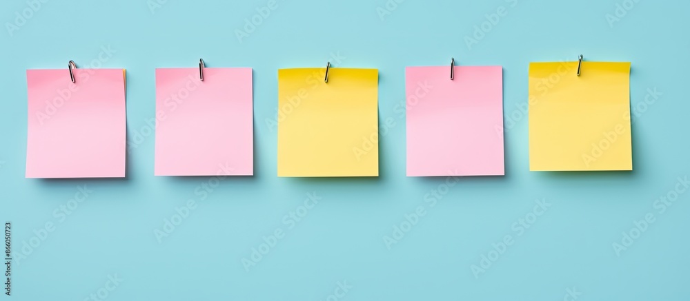 Poster pink note paper and yellow sticky notes on a blue background, providing a top view for a flat lay co