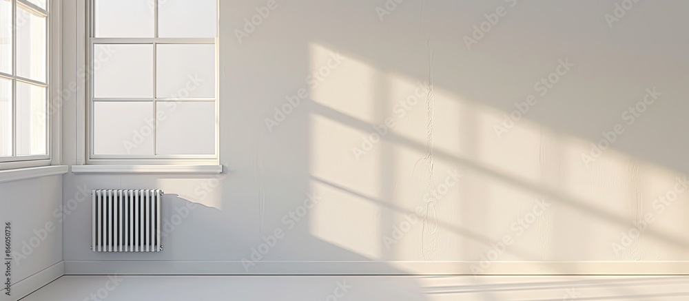 Aufkleber Plastic window and radiator on white wall in empty light room at home. with copy space image. Place for adding text or design