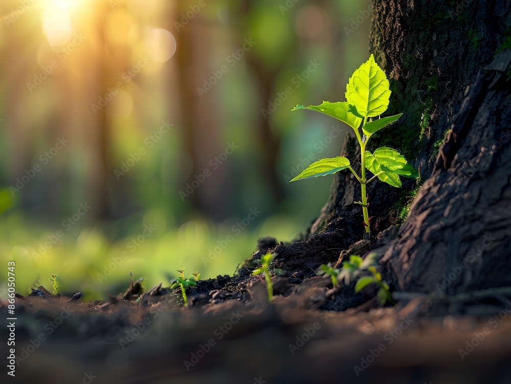 Wall mural young sapling growing beside old tree symbolizing renewal and continuity