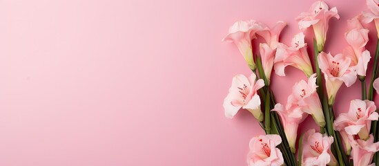 Flat lay style arrangement of Gladiolus flowers on a pink backdrop, featuring a copy space image for personalized text, suitable for a festive card.